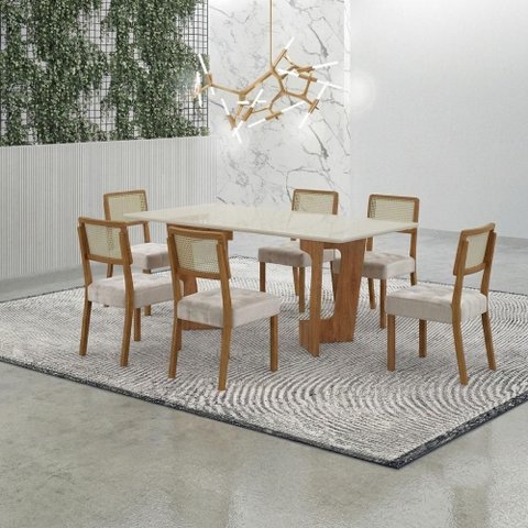 Mesa de Jantar Liz 160x80cm Vidro 25mm Cinamomo Off White com Kit 6 Cadeiras Veludo Palha - Valdemóv