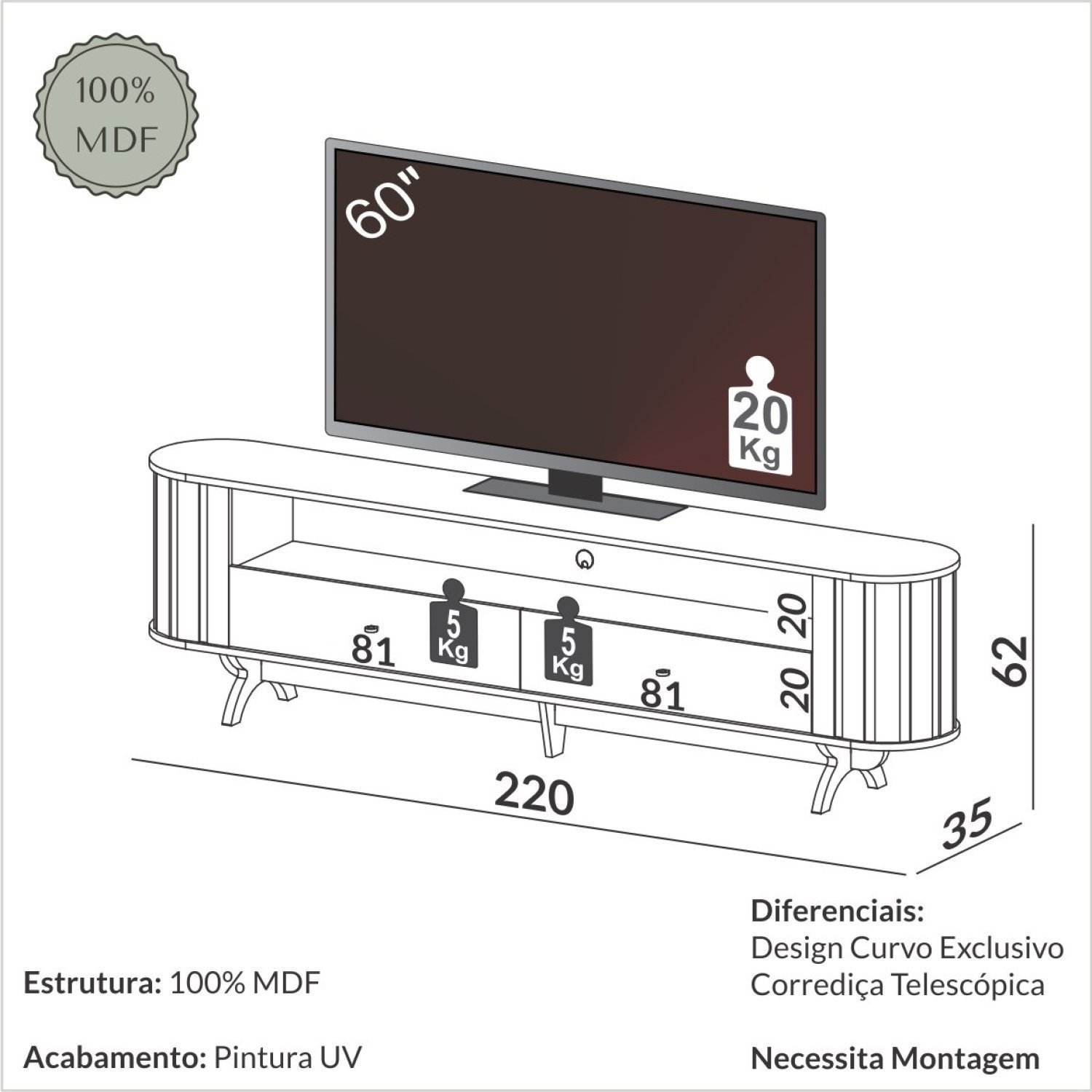 Rack Curvo para TV até 60 Polegadas 220cm 2 Gavetas - 3