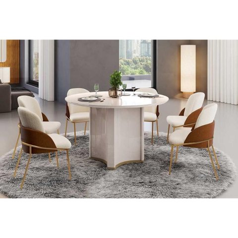 Sala de Jantar Completa Chanel C/ Tampo Madeirado C/ Vidro Redondo 136x136cm e 6 Cadeiras Vitta Off