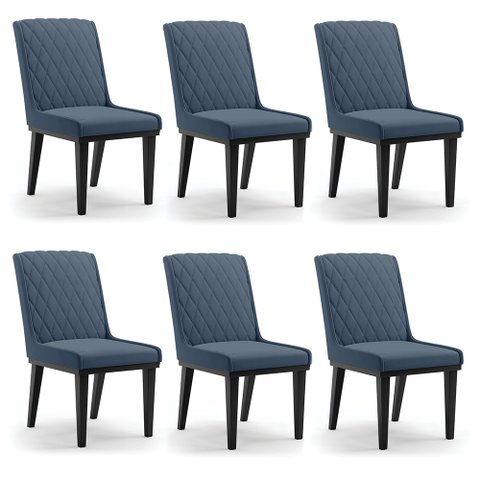 Cadeira Sala de Jantar Base Madeira Preto Kit 6 Sofia Suede Azul Marinho D03 - D'Rossi