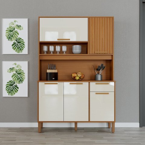 Armário de Cozinha Frisado 5 Portas 1 Gaveta 120cm Roma Marrom/Freijó/Off White