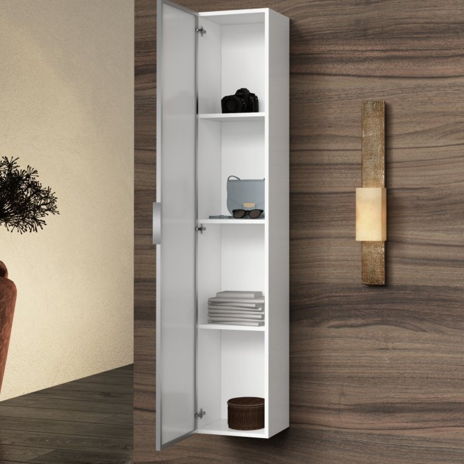 Bancada de Porcelanato para Banheiro com Cuba Embutida Gabinete Espelheira e Armário Vertical Bumi - 13