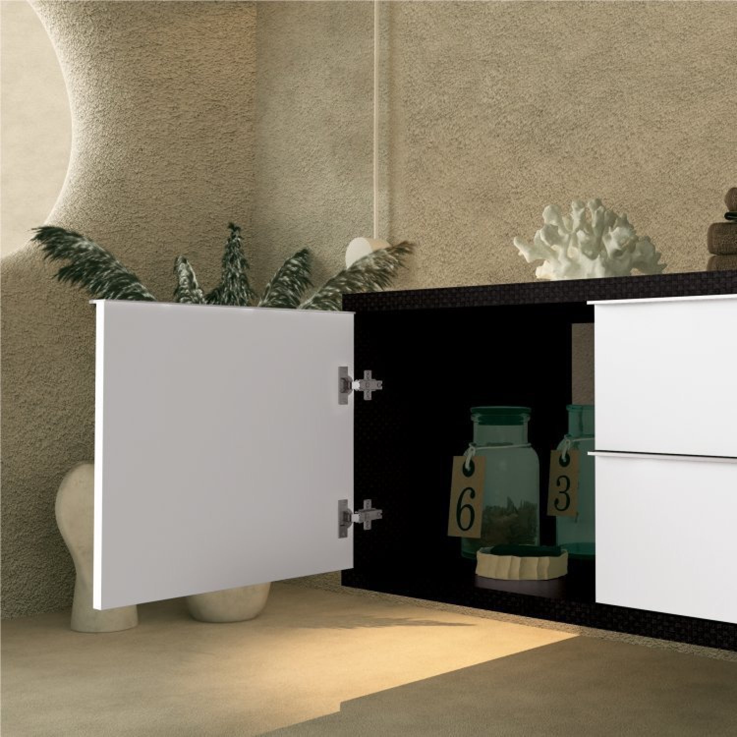 Bancada de Porcelanato para Banheiro com Cuba Embutida Gabinete Espelheira e Armário Vertical Bumi - 5
