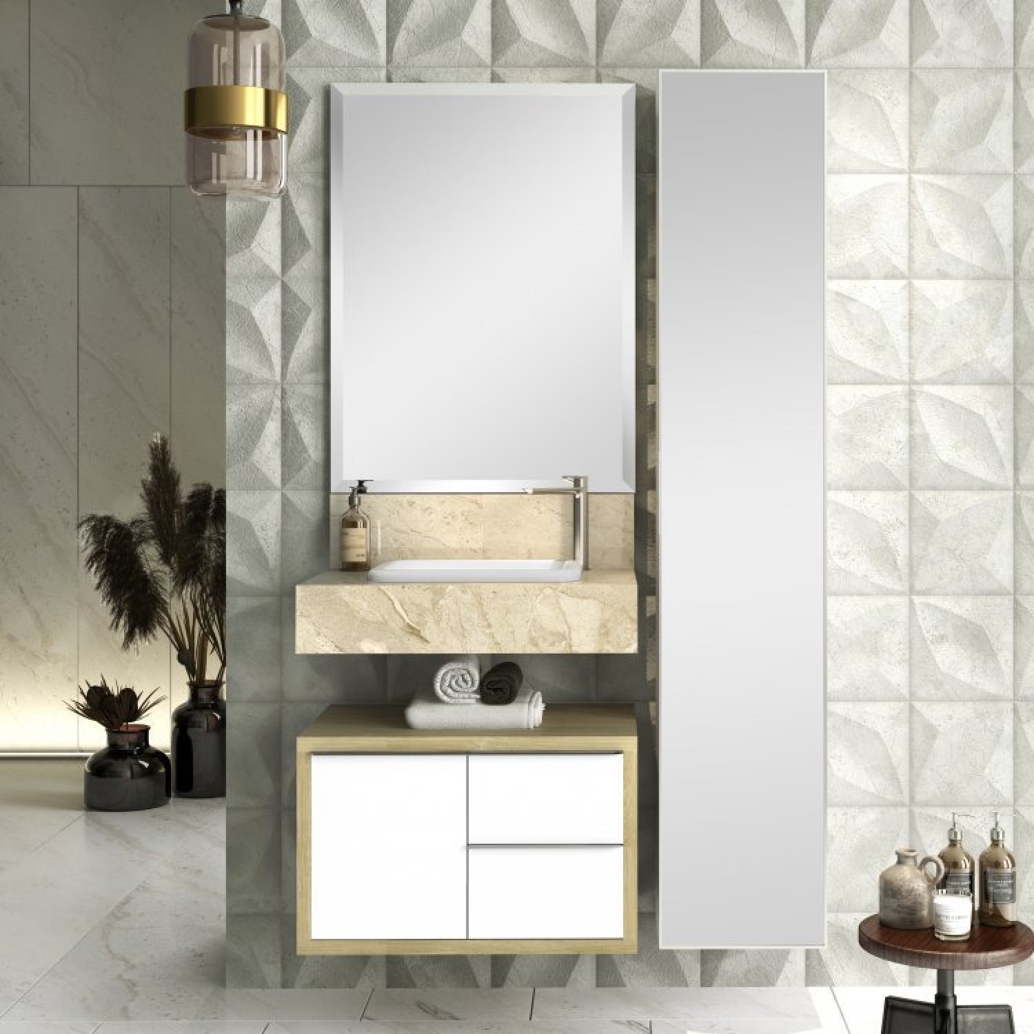 Bancada de Porcelanato para Banheiro com Cuba Embutida Gabinete Espelheira e Armário Vertical Bumi - 1