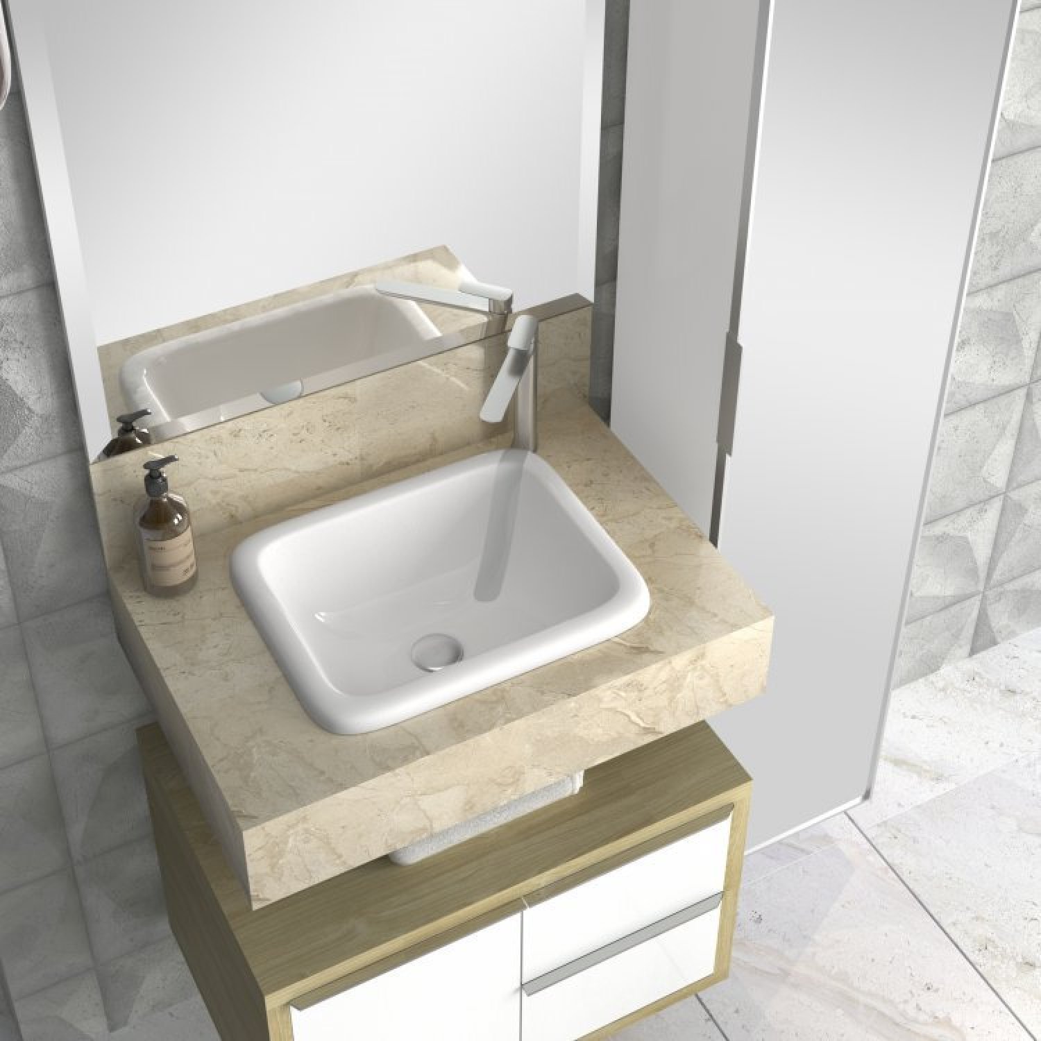 Bancada de Porcelanato para Banheiro com Cuba Embutida Gabinete Espelheira e Armário Vertical Bumi - 2