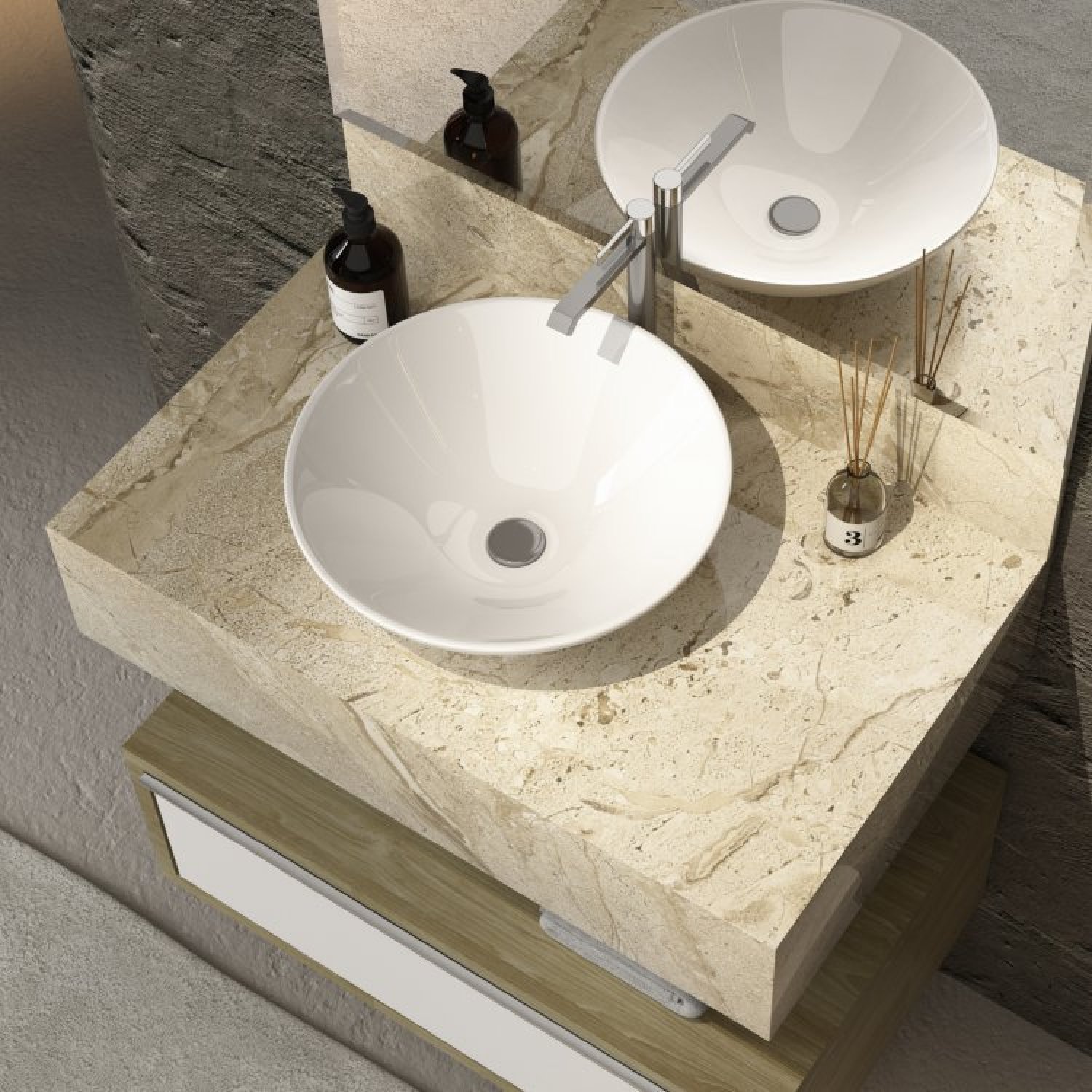 Lavatório de Porcelanato para Banheiro com Cuba de Apoio Gabinete e Espelheira Bumi - 10