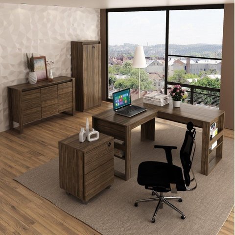Conjunto 4 Peças com Mesa para Escritório em L, Gaveteiro, Armário Multiuso e Balcão Nogal Marrom