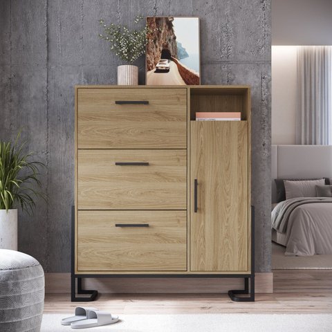 Sapateira com 1 Porta e 3 Gavetas Destaques Marrom/Oak/Preto