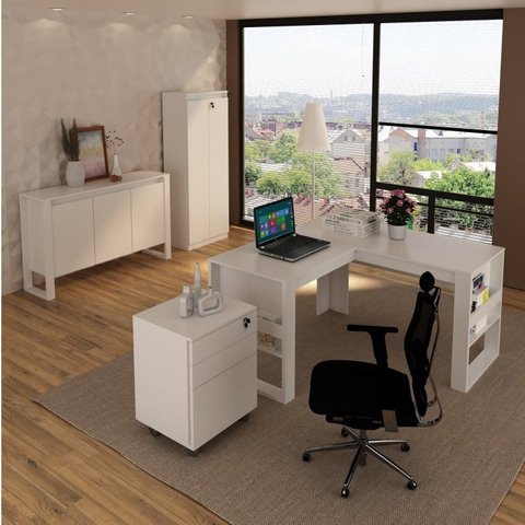 Conjunto 4 Peças com Mesa para Escritório em L, Gaveteiro, Armário Multiuso e Balcão Branco