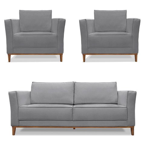 Kit 2 Poltronas e Sofá Living 2 Lugares 1,70m Vega Linho Grafite Pés Castanho - Pallazio