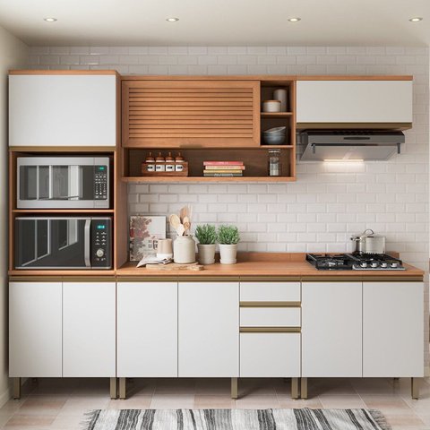Cozinha Completa Modulada 9 Portas 3 Gavetas Torre Quente e Balcão Macadâmia Branco/Freijó