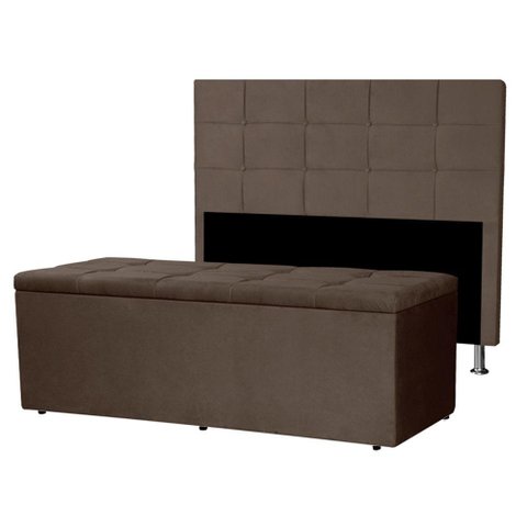 Kit Cabeceira e Calçadeira Baú Casal 1,40m Roma Suede - Pallazio Cor Marrom