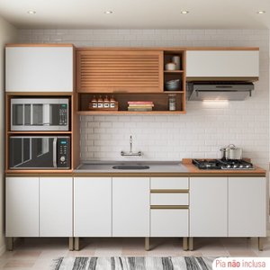 Cozinha Completa 9 Portas 3 Gavetas Torre Quente e Balcão para Pia Macadâmia