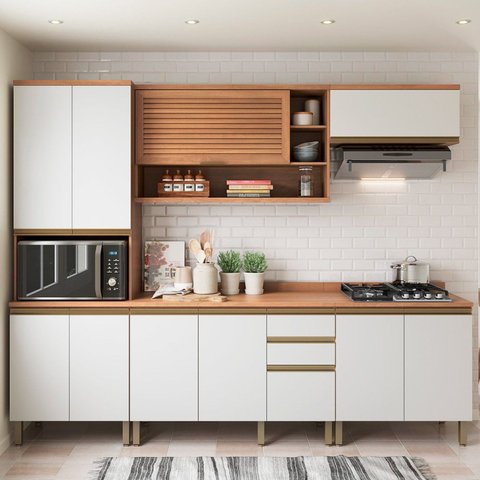 Cozinha Completa Modulada Armário e Balcão Macadâmia Branco/Freijó
