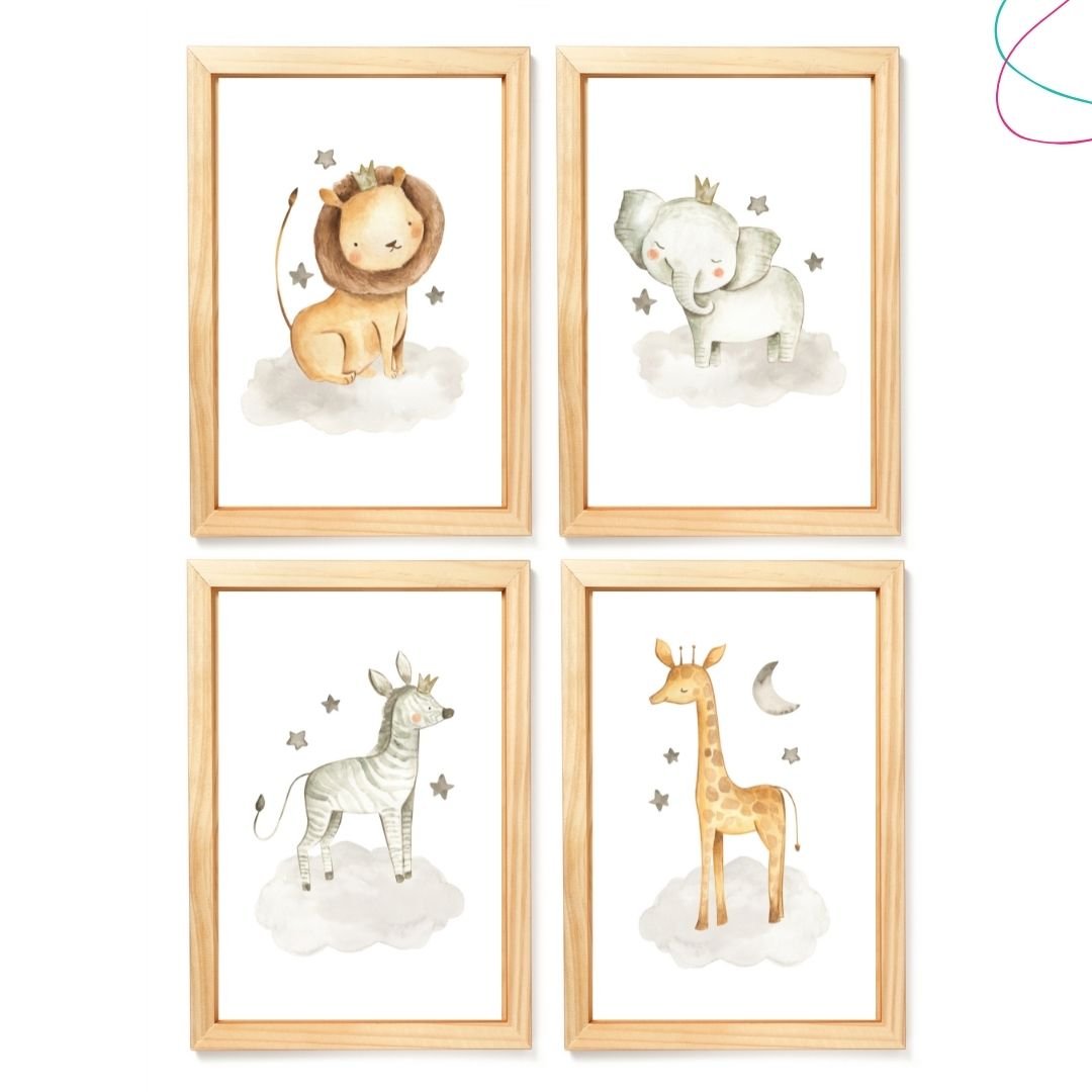 Quadros Decorativos Infantil Safari Baby Aquarela Moldura Pinus Madeiramadeira