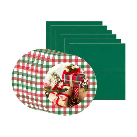 Kit Sousplat + Guardanapo Natal Presentes/xadrez - 6 Peças - com Base