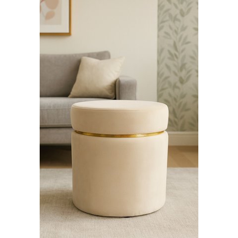 Puff Cinta Dourada Superior Palha Tecido Veludo