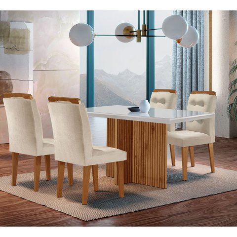 Sala de Jantar Mesa Olímpia 120cm Mdf Vidro Canto Reto com 4 Cadeiras Carol Moderna