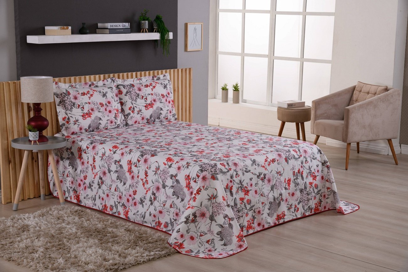 Kit Colcha Cobre Leito Cama Casal King 3 Peças Estampa de Flores Viena Valentina - 1