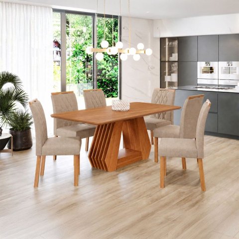 Sala de Jantar 6 Lugares 180 cm Harper Cadeiras Madeira Maciça Cinamomo/Linho Bege - Panorama Móveis