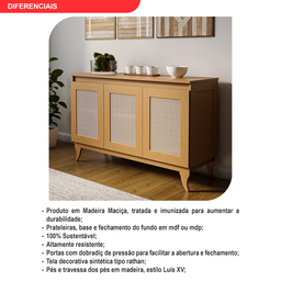 Buffet Aparador Madeira Maciça e Tela Tipo Rathan Sintética 3 Portas Deltran - 4