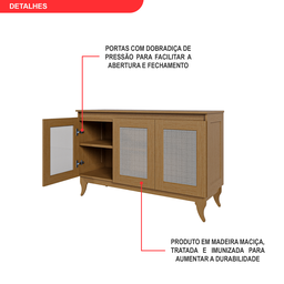 Buffet Aparador Madeira Maciça e Tela Tipo Rathan Sintética 3 Portas Deltran - 6