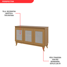 Buffet Aparador Madeira Maciça e Tela Tipo Rathan Sintética 3 Portas Deltran - 5