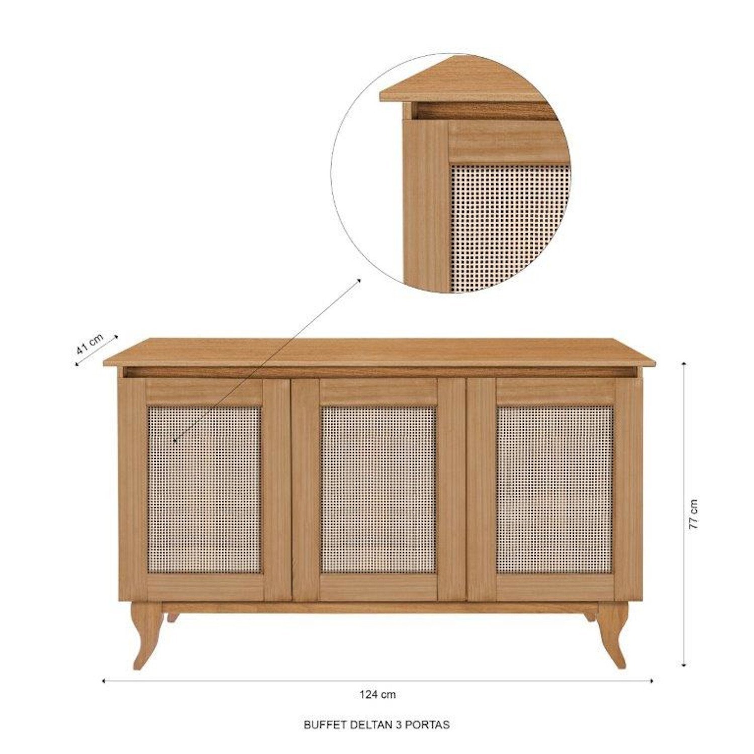 Buffet Aparador Madeira e Tela Tipo Rathan Sintética 3 Portas Deltran - 4