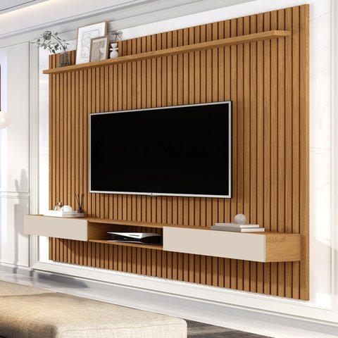 Painel para TV Ripado Nicho 2 Portas Prateleira até 70 Polegadas 218cmx185,5cm MDF/MDP Nature Off White Vênus