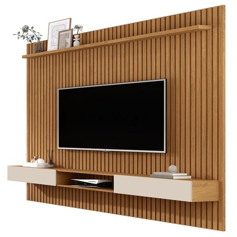 Painel Ripado para TV até 70 Polegadas MDF 185,5cmx218cm Nicho 2 Portas Prateleira Nature Off White Vênus