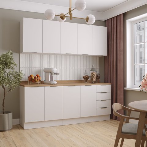 Cozinha Planejada 4 Peças com Tampo 2 Aéreos 5 Portas e 2 Balcões Ipanema CabeCasa MadeiraOriginals Branco