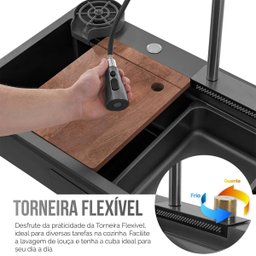 Cuba Goumert Pia Cozinha Cascata Torneira Luxo Bancada Premium Completo Aço Inox Lavador Copo Temper - 3