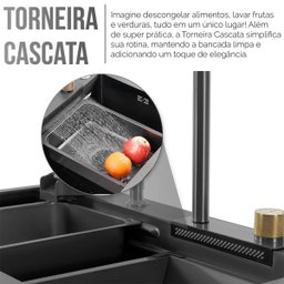 Cuba Goumert Pia Cozinha Cascata Torneira Luxo Bancada Premium Completo Aço Inox Lavador Copo Temper - 8