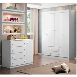Quarto Infantil com 1 Guarda Roupa 4 Portas 2 Gavetas com 1 Cômoda 100% MDF Elisa - 1