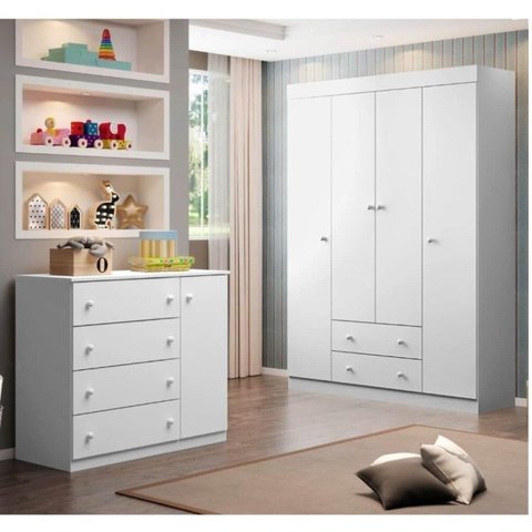 Quarto Infantil com 1 Guarda Roupa 4 Portas 2 Gavetas com 1 Cômoda 100% MDF Elisa