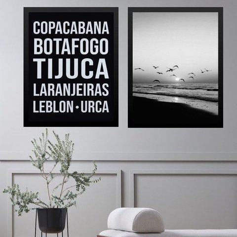 Kit 2 Quadros Rio de Janeiro - Bairros Zona Sul 45x34cm - com Vidro:moldura Preta