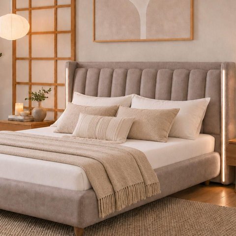 Cabeceira Casal Yeon com LED Fixação no Estrado Madeira Maciça Veludo Café Sallar Home