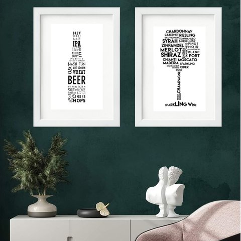 Kit 2 Quadros Cerveja e Vinho Minimalista - 60x48cm:madeira Preta