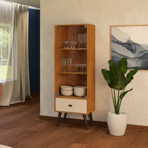 Cristaleira para Sala de Jantar 155CMX54CM 2 Portas Vidro 1 Gaveta Pês Retrô Palma Marrom Off White