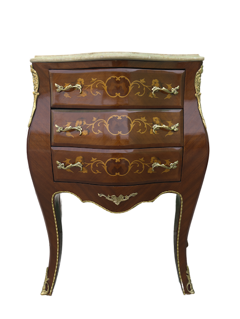 Cômoda Bombê 3 Gavetas com Marchetaria e Tampo de Mármore com Detalhes em Bronze