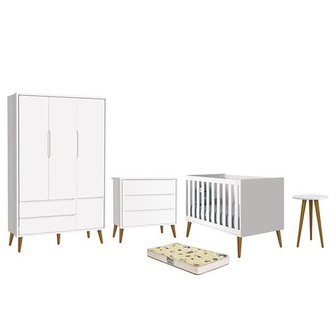 Dormitório Infantil Theo Retrô 3 Portas, Cômoda, Berço, Mesa de Apoio Branco com Pés Amadeirado e Co