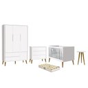 Ver imagem 1 de Dormitório Infantil Theo Retrô 3 Portas, Cômoda, Berço, Mesa de Apoio Branco com Pés Amadeirado e Co