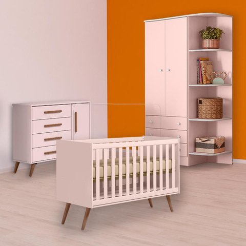 Conjunto Berço Mini Cama Retrô, Cômoda Sapateira Retrô e Guarda Roupa Rosa