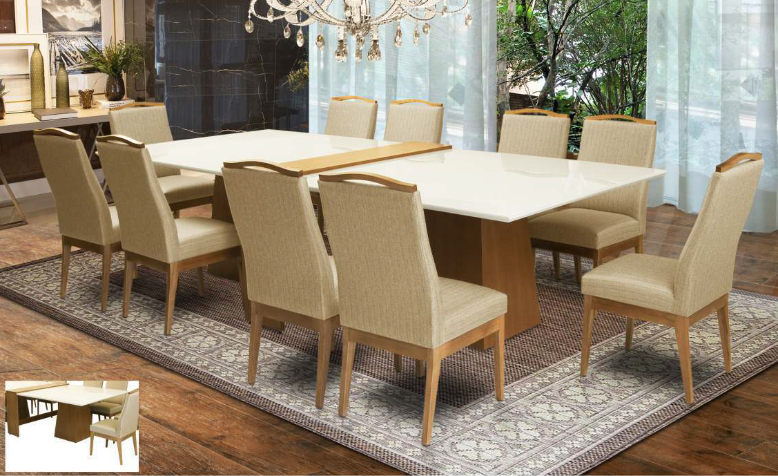 Conjunto de Mesa de Jantar com 6 Cadeiras Lívia Linho Off White e Turim 200  cm