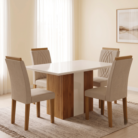Sala de Jantar Mesa 120cm 4 Cadeiras Doha Marrom/Freijó/Off