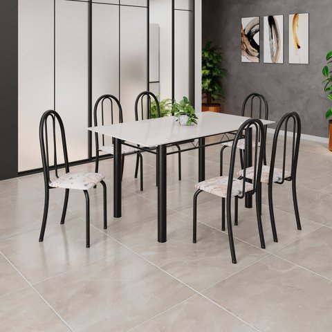 Conjunto de Mesa Tubular 140cm x 75cm Tampo em Vidro com 6 Cadeiras Iris B Preto/Botanic Bege