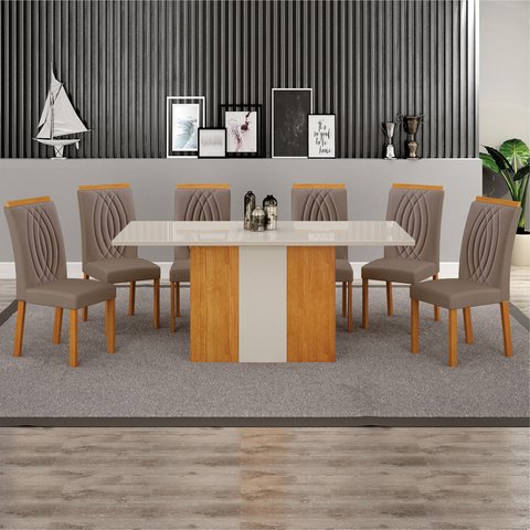 Sala de Jantar Mesa 160cm 6 Cadeiras Doha Marrom/Freijó/Off