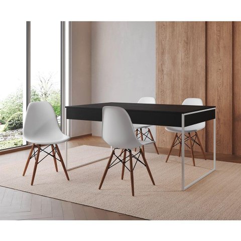 Mesa Jantar Industrial Retangular Preta 137X90Cm Base Ferro Branco C/4 Cadeiras Brancas Cor: Preto