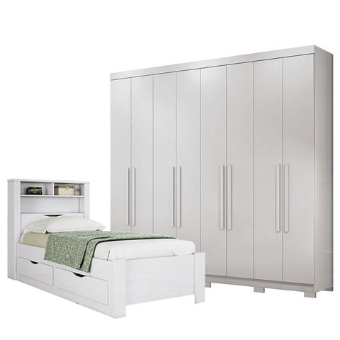 Cama Solteiro com Gavetas Invicta com Guarda Roupa Master 8 Portas 4 Gavetas com Pés Branco Brilho -