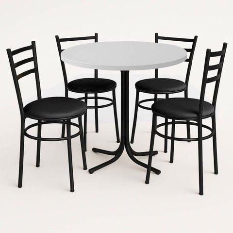 Mesa de Jantar Redonda 80cm Branca com 4 Cadeiras Estofada Preta